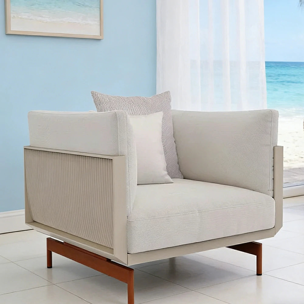 SOLARA Outdoor Single Sofa - Stainless Steel Frame with Waterproof Fabric & High-Density Foam Cushion, Modern Patio Lounge Chair - Beige