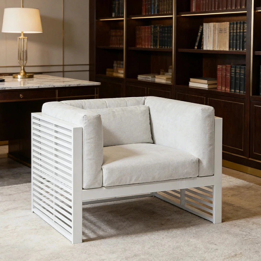 SOLARA Outdoor Single Sofa - Powder-Coated Aluminum Frame with Waterproof Cushion, Modern Slatted Patio Lounge Chair - White