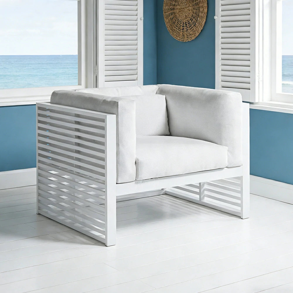 SOLARA Outdoor Single Sofa - Powder-Coated Aluminum Frame with Waterproof Cushion, Modern Slatted Patio Lounge Chair - White