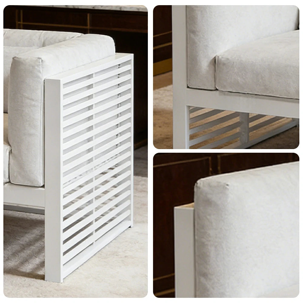 SOLARA Outdoor Single Sofa - Powder-Coated Aluminum Frame with Waterproof Cushion, Modern Slatted Patio Lounge Chair - White