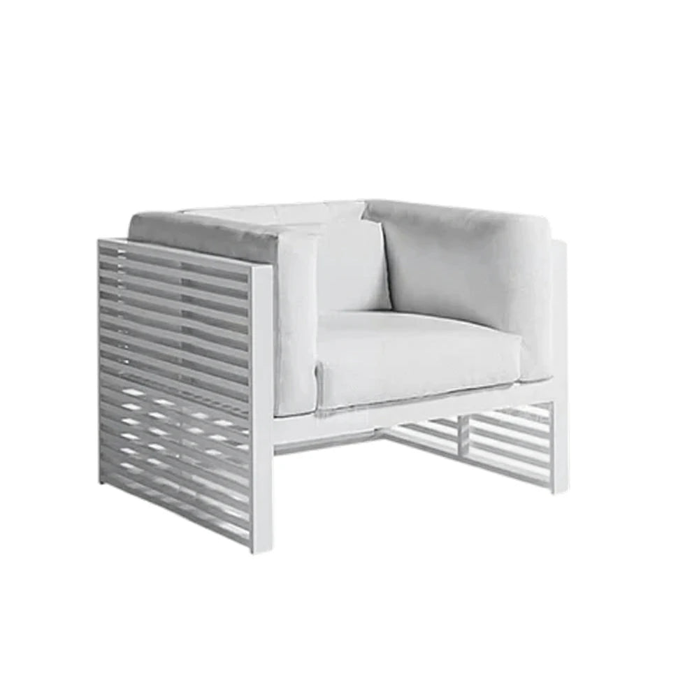 SOLARA Outdoor Single Sofa - Powder-Coated Aluminum Frame with Waterproof Cushion, Modern Slatted Patio Lounge Chair - White