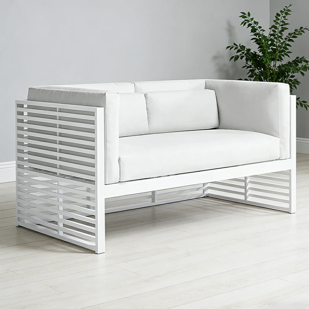SOLARA Outdoor 2-Seater Sofa - Powder-Coated Aluminum Frame with Waterproof & UV-Resistant Cushions, Modern Slatted Patio Couch - White