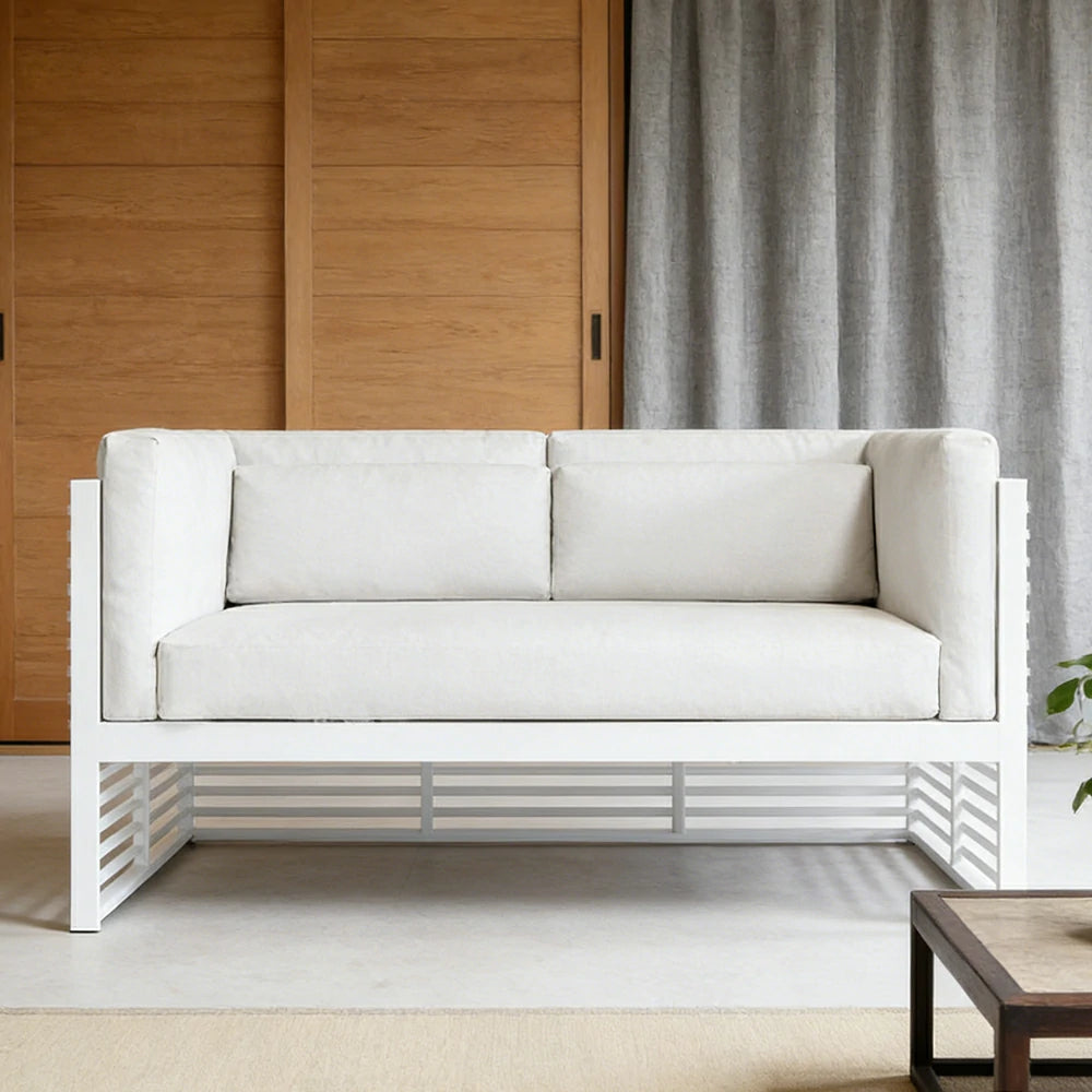 SOLARA Outdoor 2-Seater Sofa - Powder-Coated Aluminum Frame with Waterproof & UV-Resistant Cushions, Modern Slatted Patio Couch - White