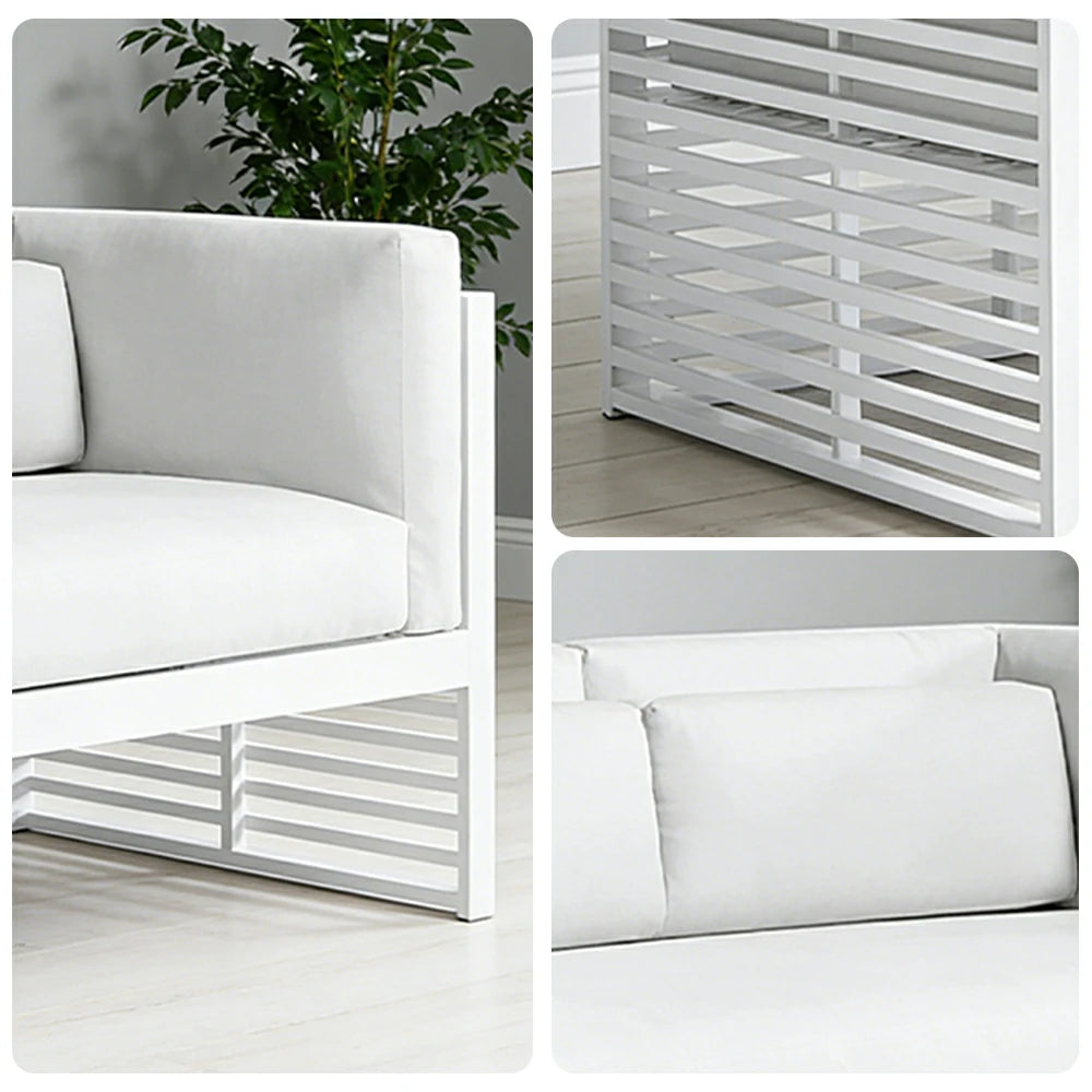 SOLARA Outdoor 2-Seater Sofa - Powder-Coated Aluminum Frame with Waterproof & UV-Resistant Cushions, Modern Slatted Patio Couch - White