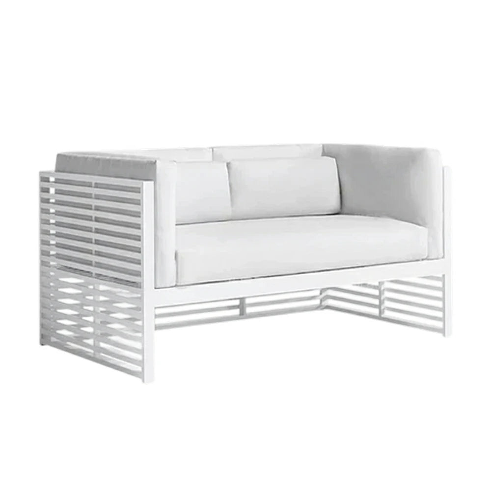SOLARA Outdoor 2-Seater Sofa - Powder-Coated Aluminum Frame with Waterproof & UV-Resistant Cushions, Modern Slatted Patio Couch - White