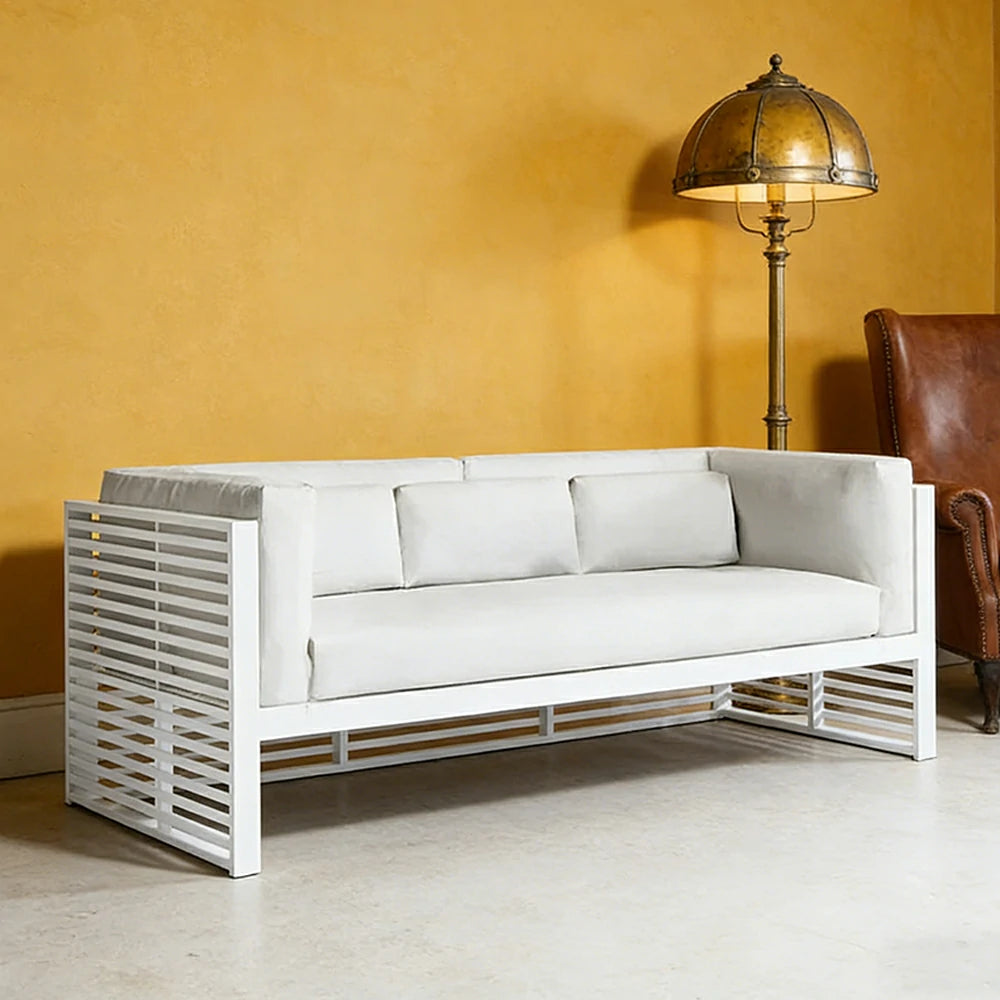 SOLARA Outdoor 3-Seater Sofa - Powder-Coated Aluminum Frame with Waterproof & UV-Resistant Cushions, Modern Slatted Patio Couch - White