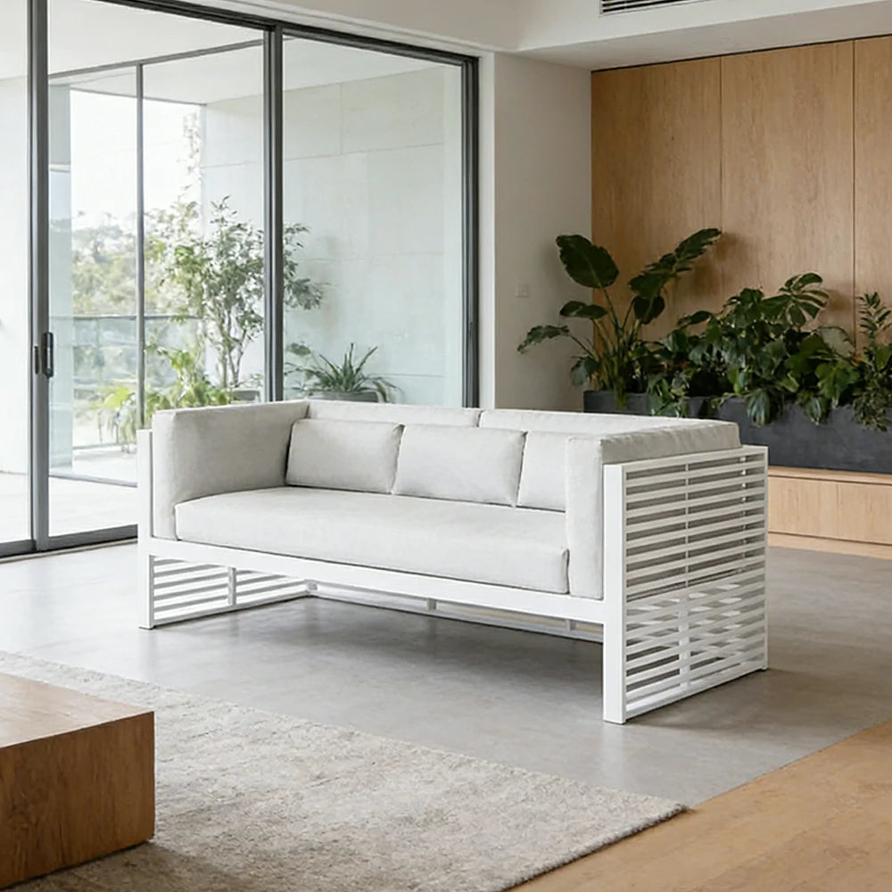 SOLARA Outdoor 3-Seater Sofa - Powder-Coated Aluminum Frame with Waterproof & UV-Resistant Cushions, Modern Slatted Patio Couch - White