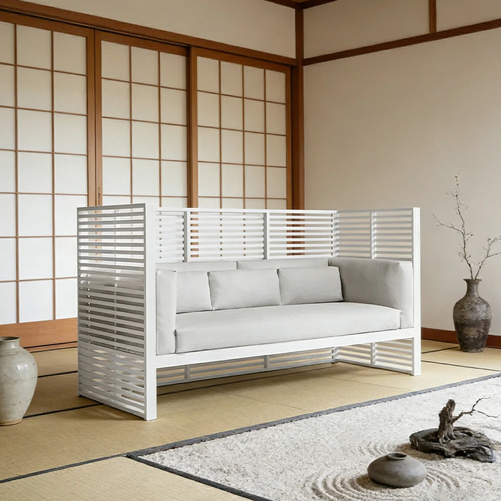 SOLARA Outdoor High-Back 3-Seater Sofa - Powder-Coated Aluminium Frame, Waterproof & UV-Resistant Cushions, Modern Slatted Design - White
