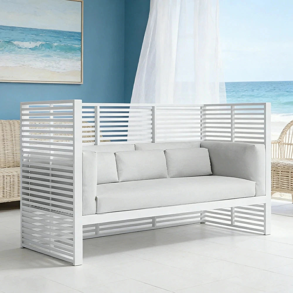 SOLARA Outdoor High-Back 3-Seater Sofa - Powder-Coated Aluminium Frame, Waterproof & UV-Resistant Cushions, Modern Slatted Design - White
