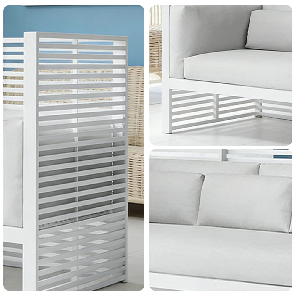 SOLARA Outdoor High-Back 3-Seater Sofa - Powder-Coated Aluminium Frame, Waterproof & UV-Resistant Cushions, Modern Slatted Design - White