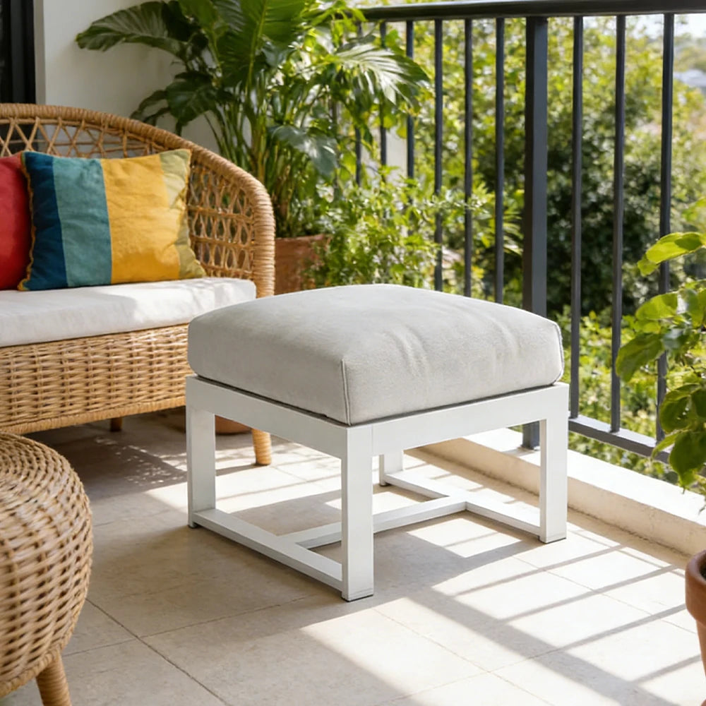 SOLARA Outdoor Aluminium Ottoman Footrest - Waterproof UV-Resistant Cushion, Powder-Coated Frame for Patio Garden Balcony Use - White