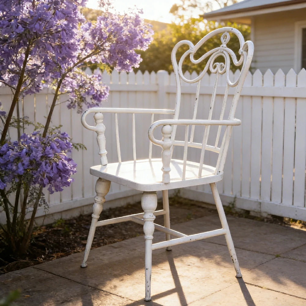 SOLARA Vintage Backrest Chair - Solid Fir Wood Seat, Durable Iron Frame, French Retro Style, Stable Patio Balcony Dining Chair - White