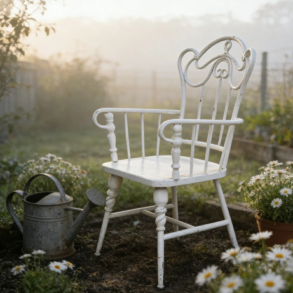 SOLARA Vintage Backrest Chair - Solid Fir Wood Seat, Durable Iron Frame, French Retro Style, Stable Patio Balcony Dining Chair - White