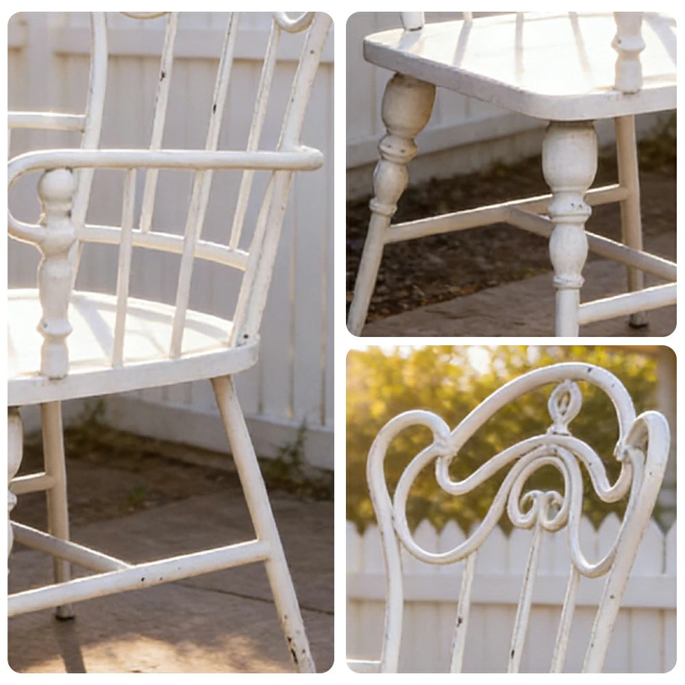 SOLARA Vintage Backrest Chair - Solid Fir Wood Seat, Durable Iron Frame, French Retro Style, Stable Patio Balcony Dining Chair - White