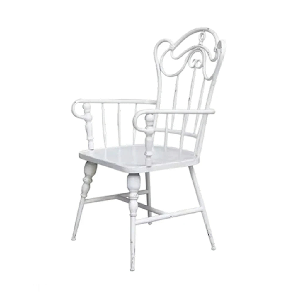 SOLARA Vintage Backrest Chair - Solid Fir Wood Seat, Durable Iron Frame, French Retro Style, Stable Patio Balcony Dining Chair - White