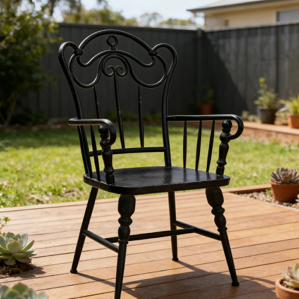 SOLARA Vintage Backrest Chair - Solid Fir Wood Seat, Durable Iron Frame, French Retro Style, Stable Patio Balcony Dining Chair - Black