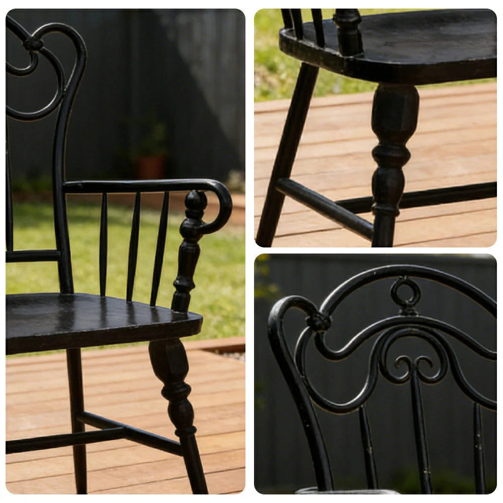 SOLARA Vintage Backrest Chair - Solid Fir Wood Seat, Durable Iron Frame, French Retro Style, Stable Patio Balcony Dining Chair - Black