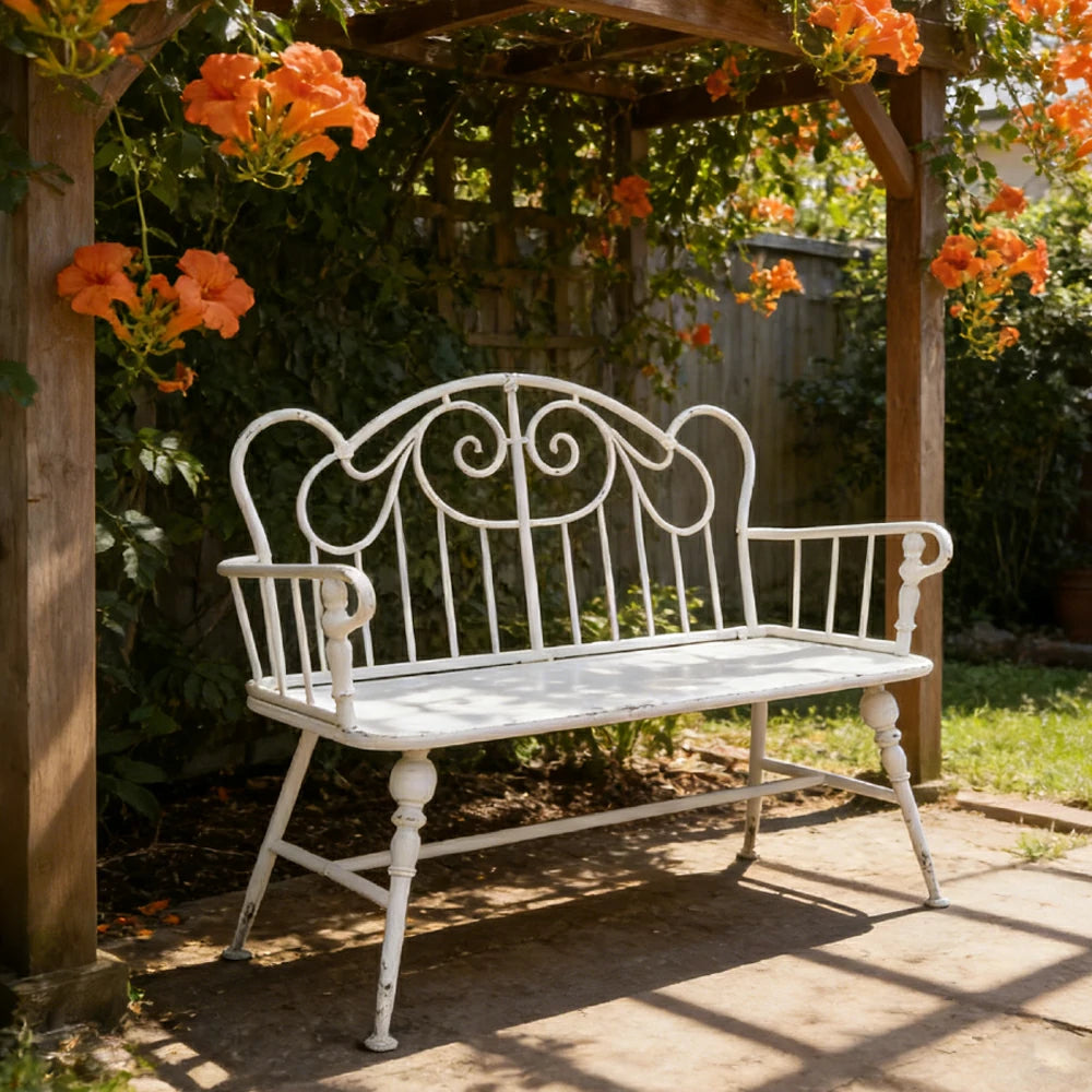 SOLARA Vintage Backrest Bench - Solid Fir Wood Seat, Durable Iron Frame, French Retro Style, Stable Patio Balcony Dining Chair - White