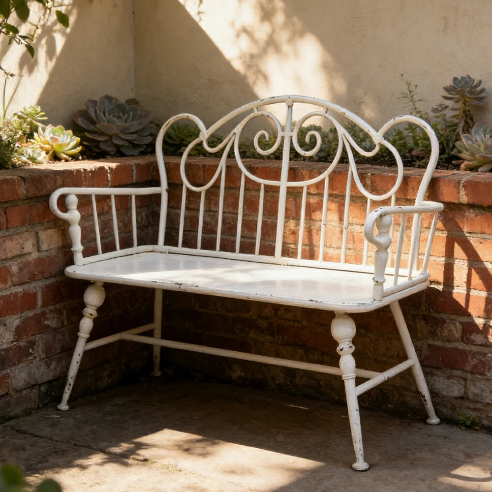 SOLARA Vintage Backrest Bench - Solid Fir Wood Seat, Durable Iron Frame, French Retro Style, Stable Patio Balcony Dining Chair - White