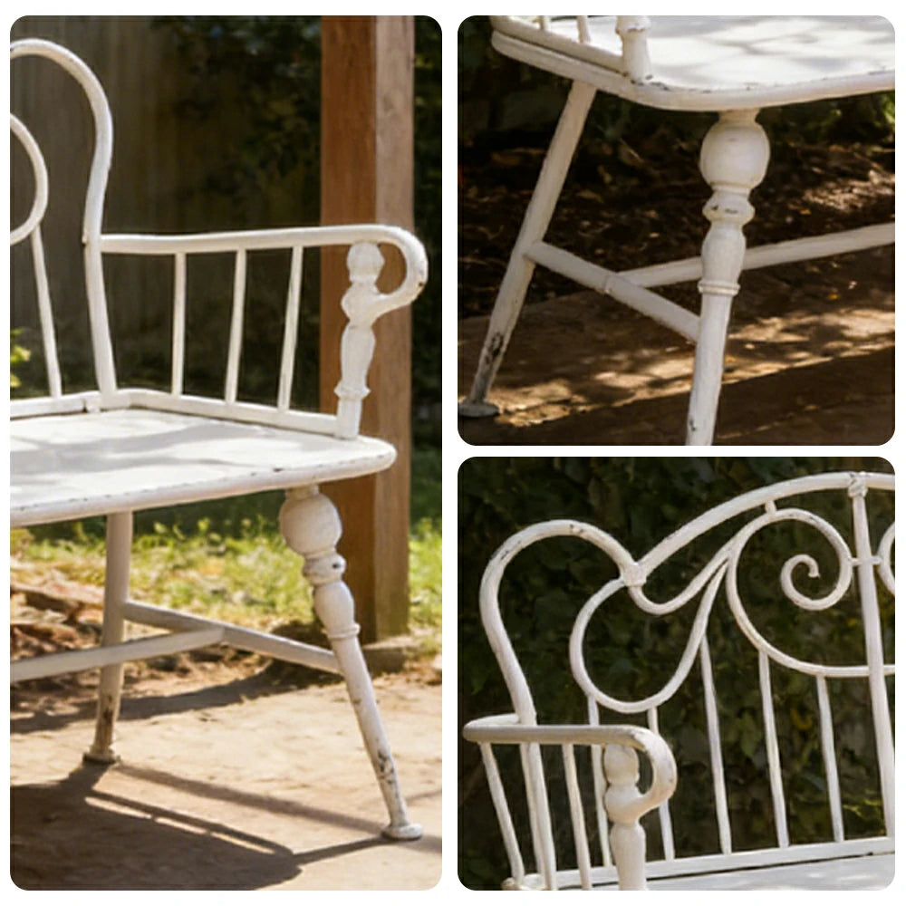 SOLARA Vintage Backrest Bench - Solid Fir Wood Seat, Durable Iron Frame, French Retro Style, Stable Patio Balcony Dining Chair - White