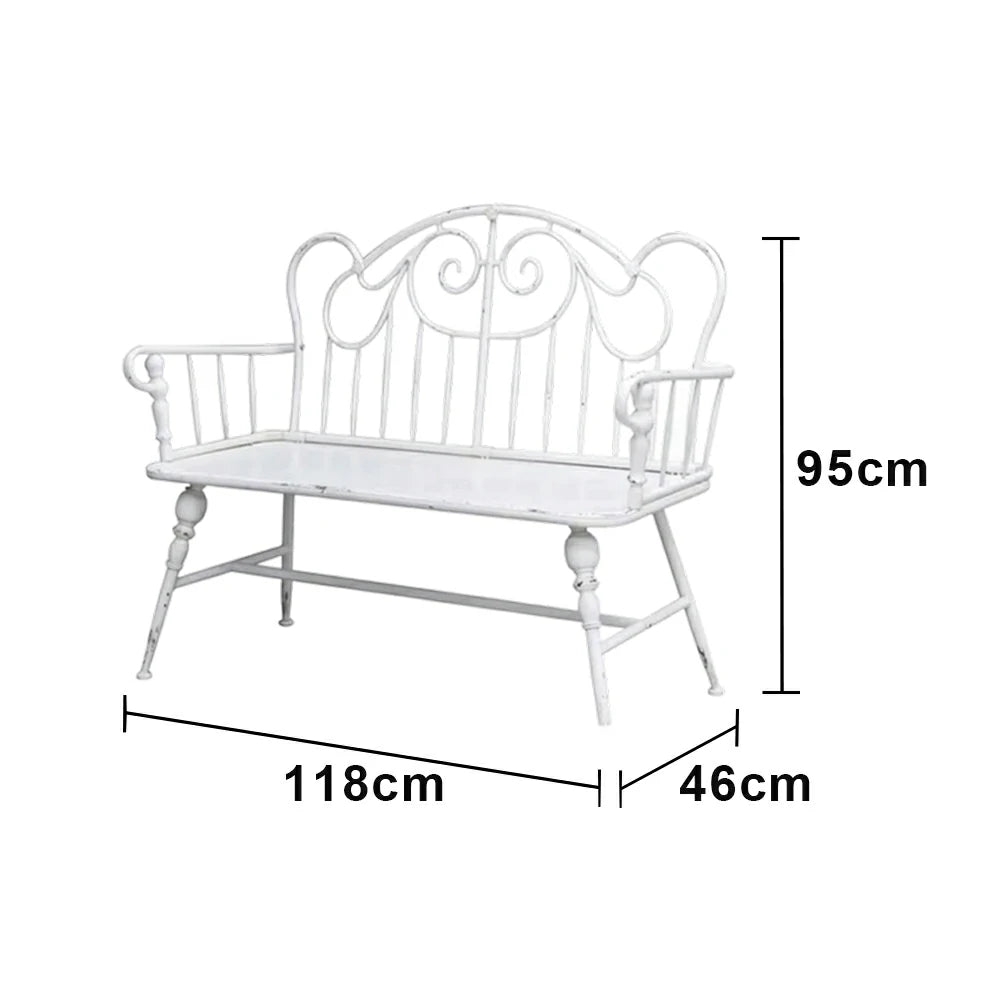 SOLARA Vintage Backrest Bench - Solid Fir Wood Seat, Durable Iron Frame, French Retro Style, Stable Patio Balcony Dining Chair - White