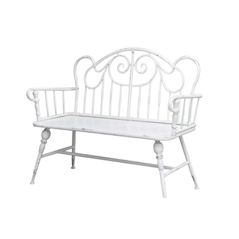 SOLARA Vintage Backrest Bench - Solid Fir Wood Seat, Durable Iron Frame, French Retro Style, Stable Patio Balcony Dining Chair - White