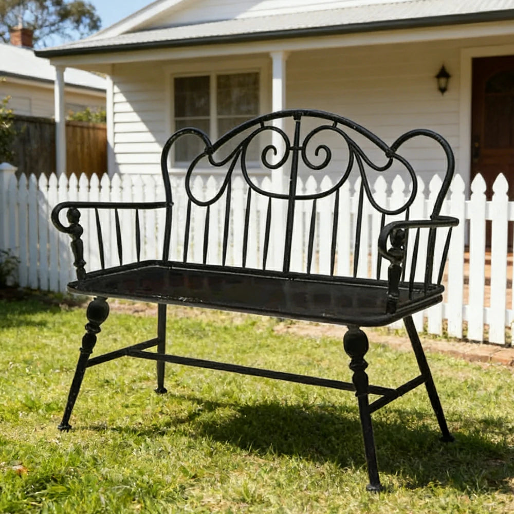 SOLARA Vintage Backrest Bench - Solid Fir Wood Seat, Durable Iron Frame, French Retro Style, Stable Patio Balcony Dining Chair - Black