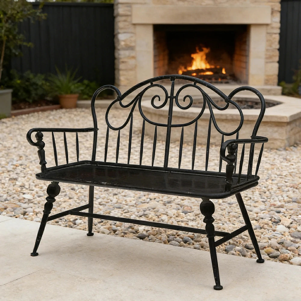 SOLARA Vintage Backrest Bench - Solid Fir Wood Seat, Durable Iron Frame, French Retro Style, Stable Patio Balcony Dining Chair - Black