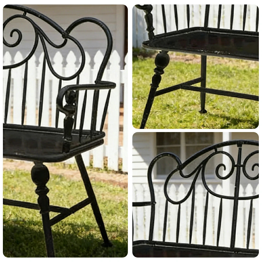 SOLARA Vintage Backrest Bench - Solid Fir Wood Seat, Durable Iron Frame, French Retro Style, Stable Patio Balcony Dining Chair - Black