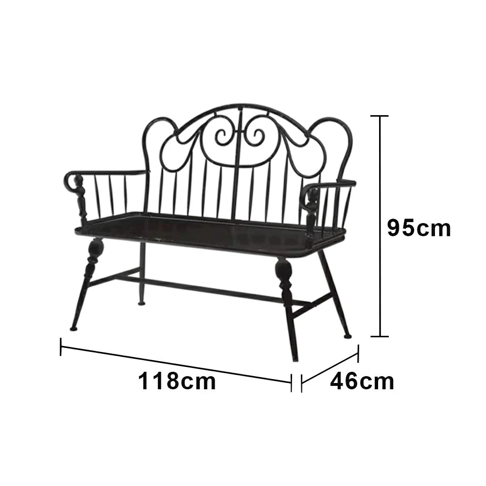 SOLARA Vintage Backrest Bench - Solid Fir Wood Seat, Durable Iron Frame, French Retro Style, Stable Patio Balcony Dining Chair - Black