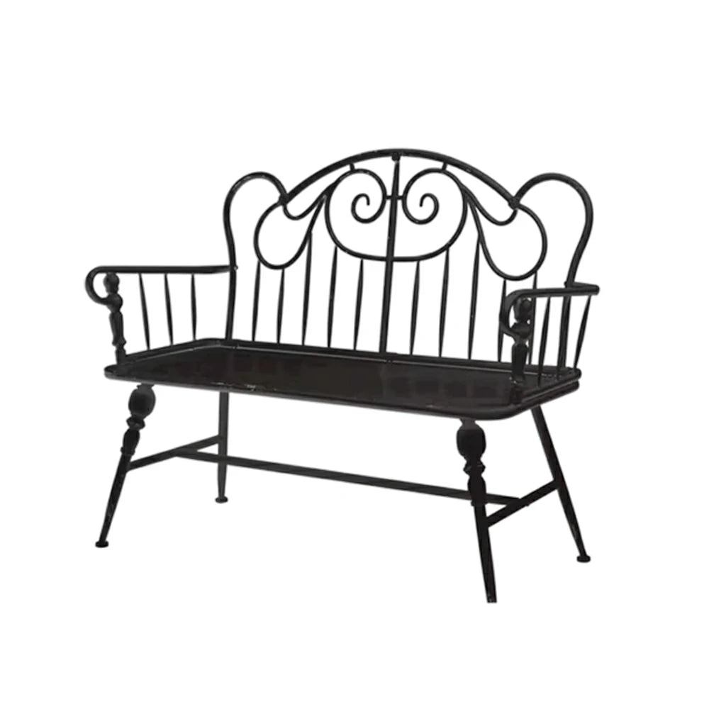 SOLARA Vintage Backrest Bench - Solid Fir Wood Seat, Durable Iron Frame, French Retro Style, Stable Patio Balcony Dining Chair - Black