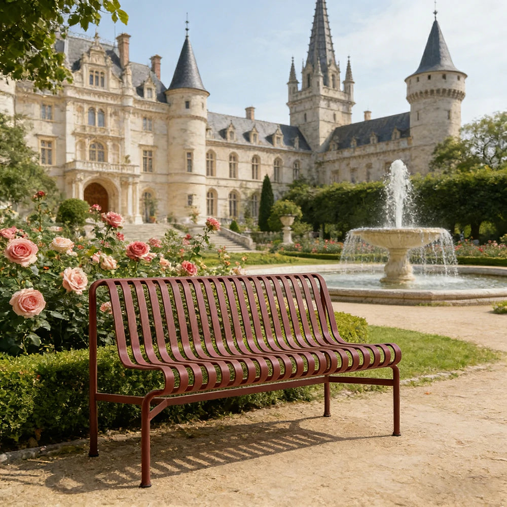 SOLARA Outdoor Metal Seating Collection - Bench, Lounger, Bar Stool & Dining Chair, Heavy-Duty Steel Frame, Weather-Resistant Finish - Wine