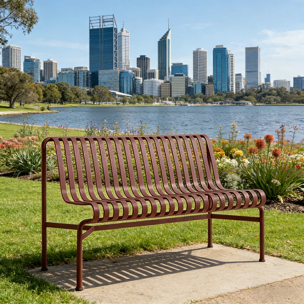 SOLARA Outdoor Metal Seating Collection - Bench, Lounger, Bar Stool & Dining Chair, Heavy-Duty Steel Frame, Weather-Resistant Finish - Wine