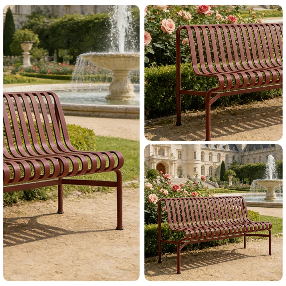 SOLARA Outdoor Metal Seating Collection - Bench, Lounger, Bar Stool & Dining Chair, Heavy-Duty Steel Frame, Weather-Resistant Finish - Wine