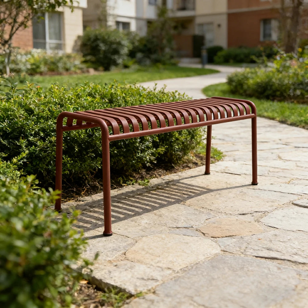 SOLARA Outdoor Metal Seating Collection - Bench, Lounger, Bar Stool & Dining Chair, Heavy-Duty Steel Frame, Weather-Resistant Finish - Wine