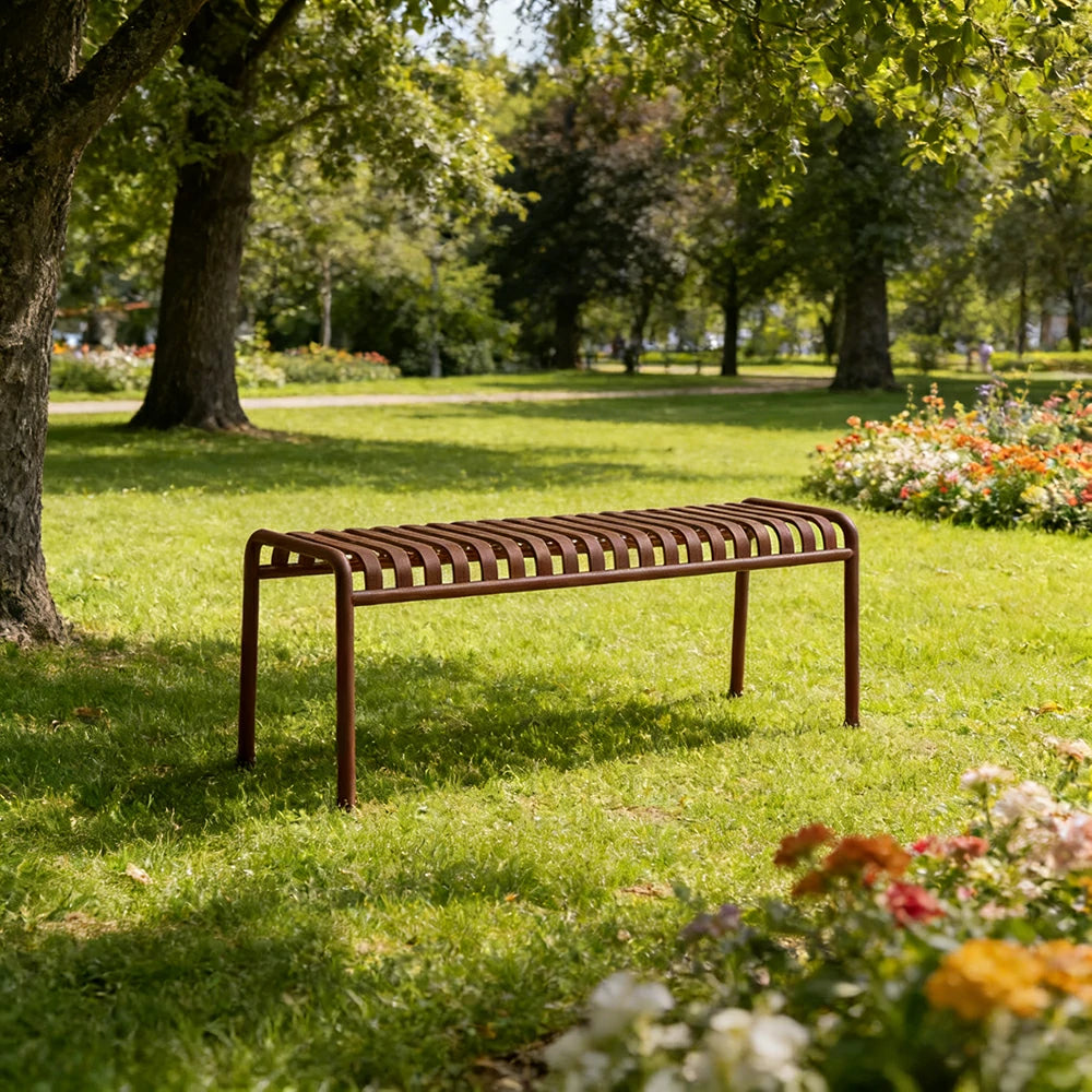 SOLARA Outdoor Metal Seating Collection - Bench, Lounger, Bar Stool & Dining Chair, Heavy-Duty Steel Frame, Weather-Resistant Finish - Wine