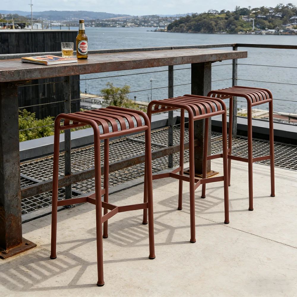 SOLARA Outdoor Metal Seating Collection - Bench, Lounger, Bar Stool & Dining Chair, Heavy-Duty Steel Frame, Weather-Resistant Finish - Wine