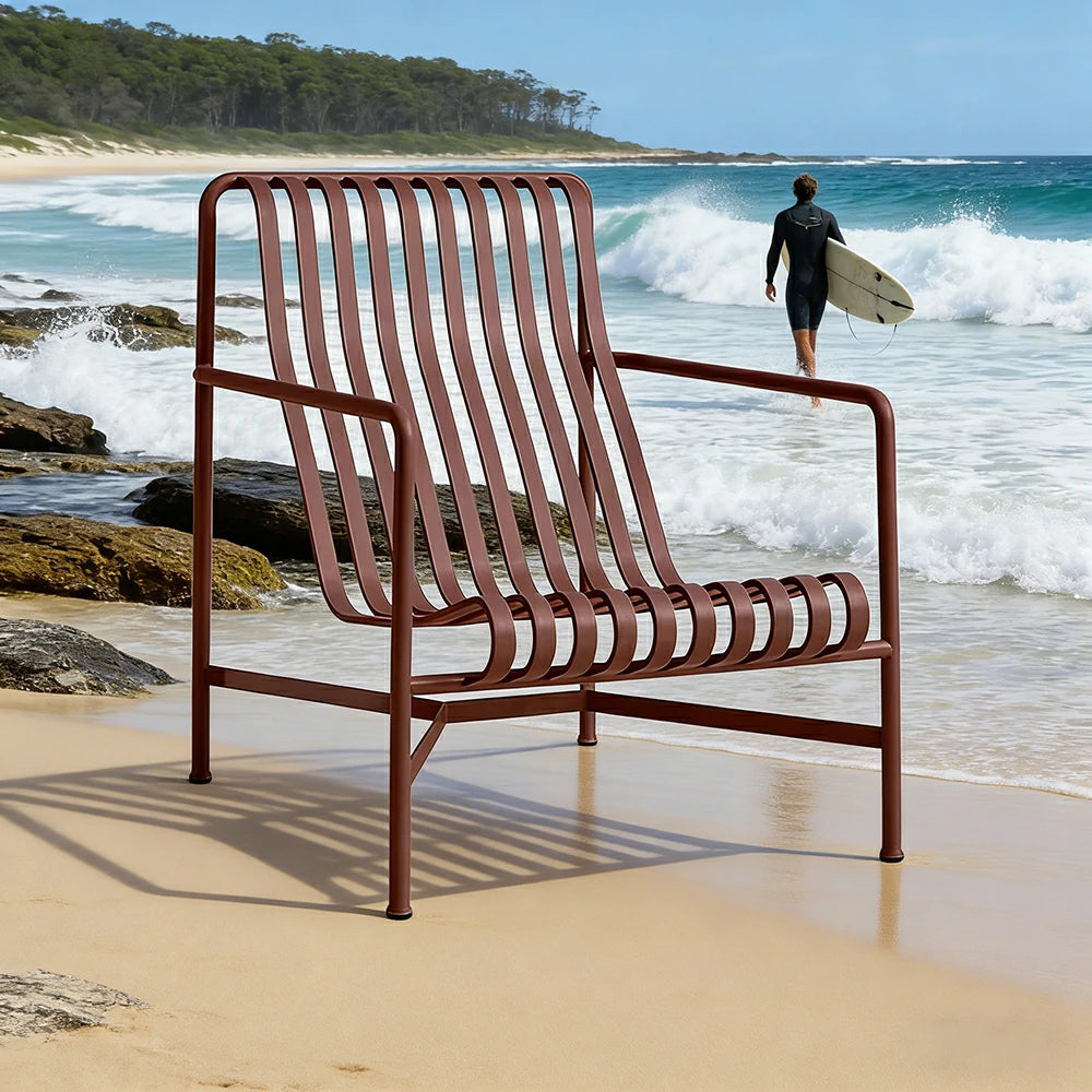 SOLARA Outdoor Metal Seating Collection - Bench, Lounger, Bar Stool & Dining Chair, Heavy-Duty Steel Frame, Weather-Resistant Finish - Wine
