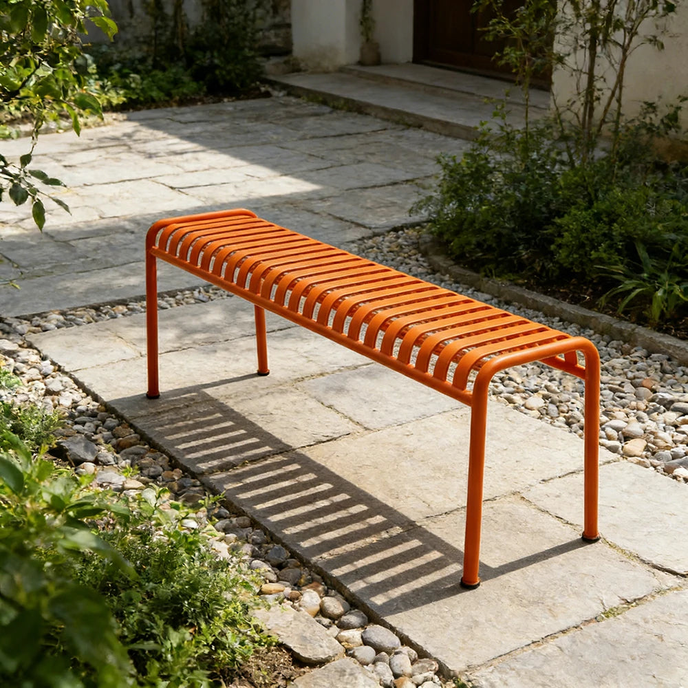 SOLARA Outdoor Metal Seating Collection - Bench, Lounger, Bar Stool & Dining Chair, Heavy-Duty Steel Frame, Weather-Resistant Finish - Orange