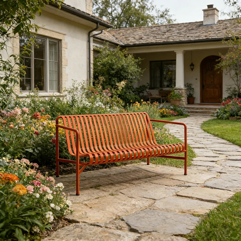 SOLARA Outdoor Metal Seating Collection - Bench, Lounger, Bar Stool & Dining Chair, Heavy-Duty Steel Frame, Weather-Resistant Finish - Orange