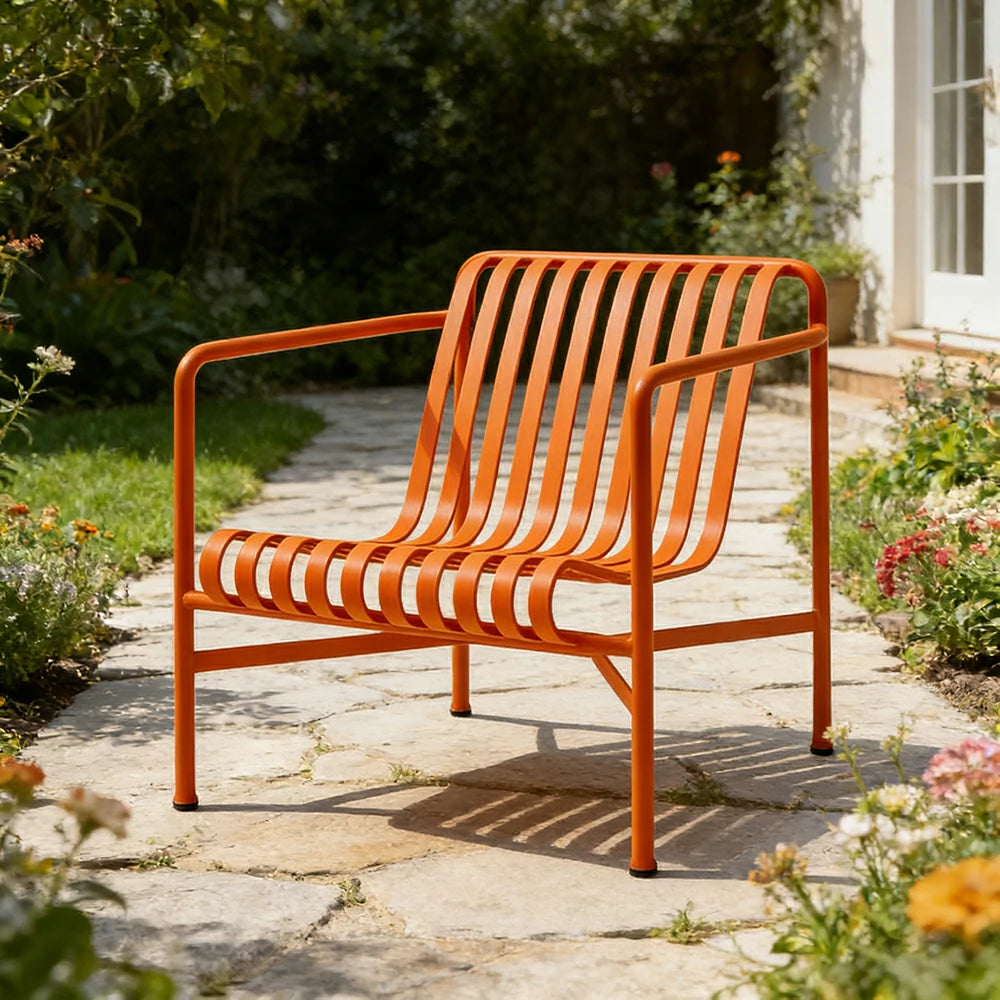 SOLARA Outdoor Metal Seating Collection - Bench, Lounger, Bar Stool & Dining Chair, Heavy-Duty Steel Frame, Weather-Resistant Finish - Orange