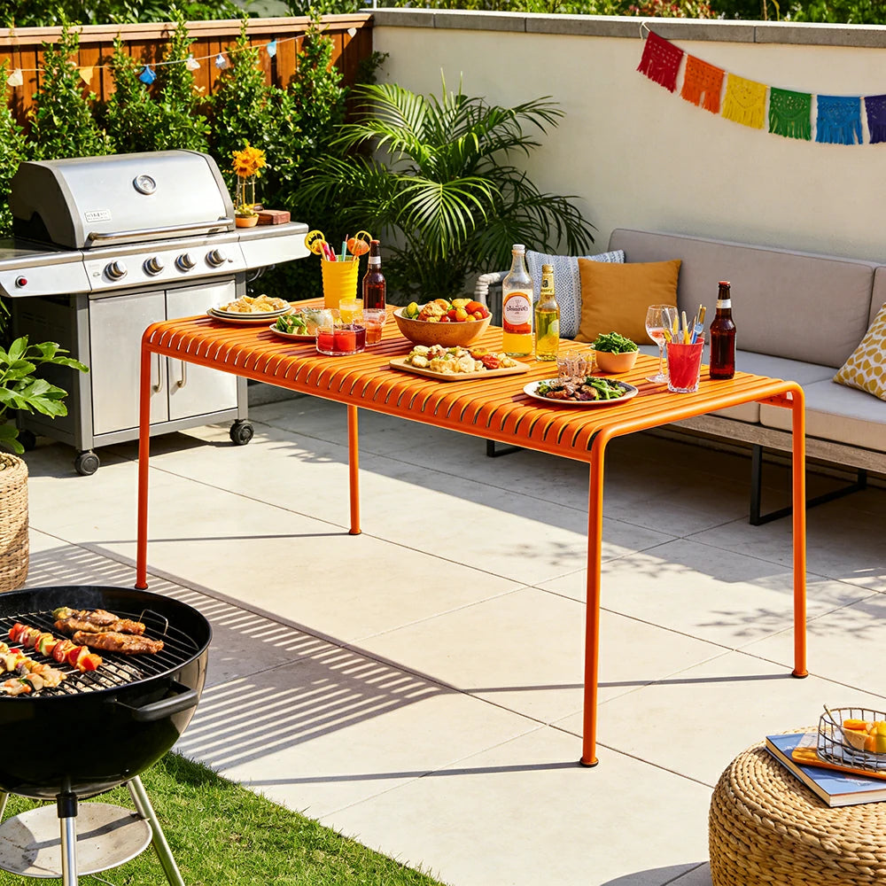 SOLARA Outdoor Metal Furniture Collection - Coffee Table, Long Table, Low Table & Dining Table, Heavy-Duty Steel Frame, Weather-Resistant Finish - Orange