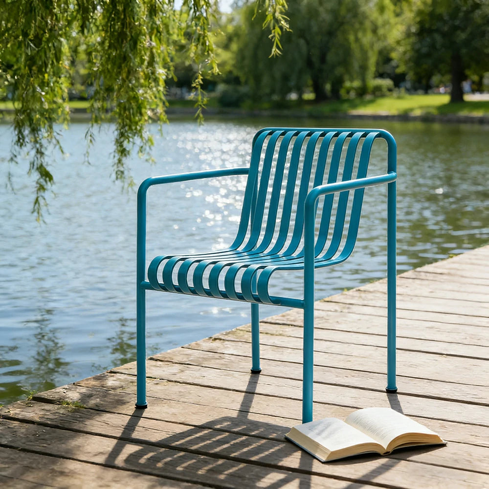 SOLARA Outdoor Metal Seating Collection - Bench, Lounger, Bar Stool & Dining Chair, Heavy-Duty Steel Frame, Weather-Resistant Finish - Light Blue