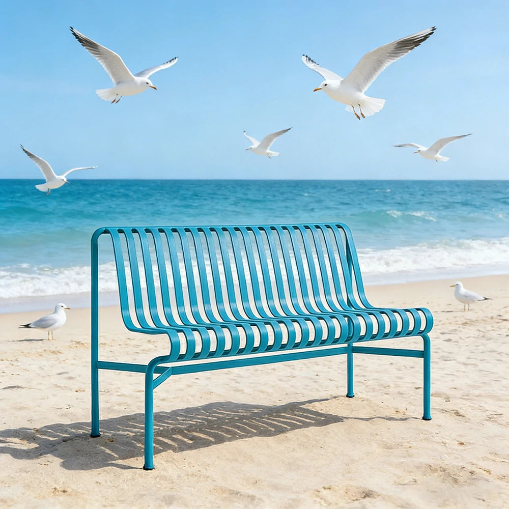 SOLARA Outdoor Metal Seating Collection - Bench, Lounger, Bar Stool & Dining Chair, Heavy-Duty Steel Frame, Weather-Resistant Finish - Light Blue