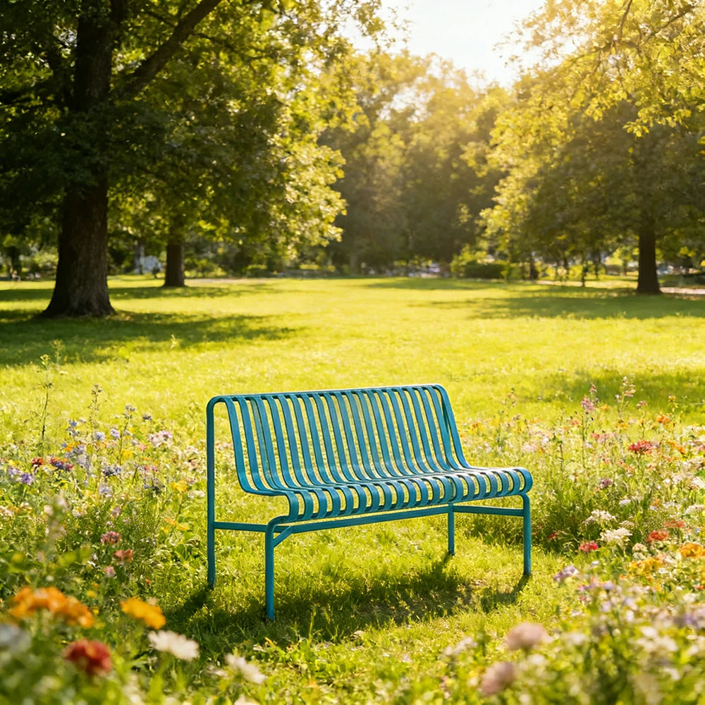 SOLARA Outdoor Metal Seating Collection - Bench, Lounger, Bar Stool & Dining Chair, Heavy-Duty Steel Frame, Weather-Resistant Finish - Light Blue
