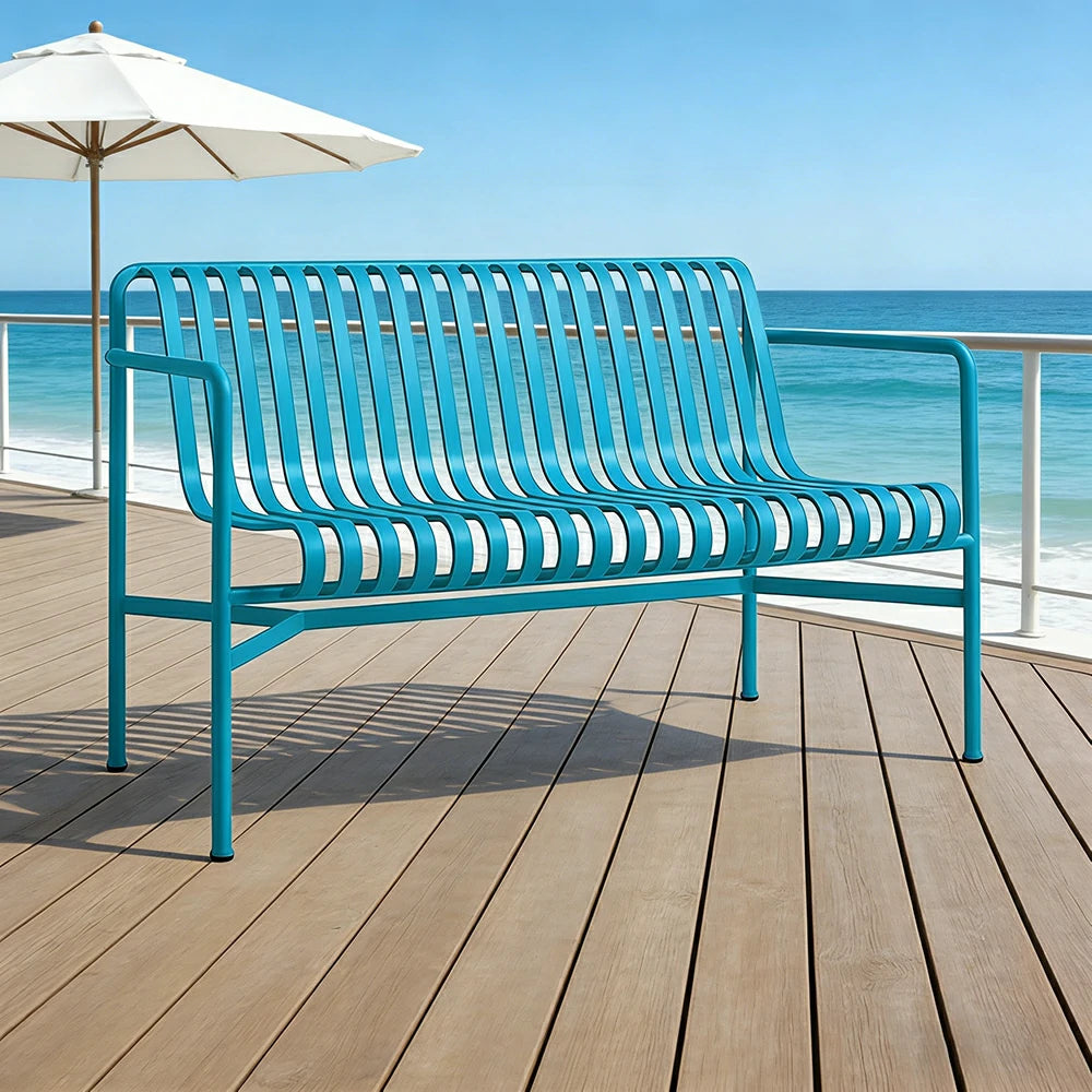 SOLARA Outdoor Metal Seating Collection - Bench, Lounger, Bar Stool & Dining Chair, Heavy-Duty Steel Frame, Weather-Resistant Finish - Light Blue