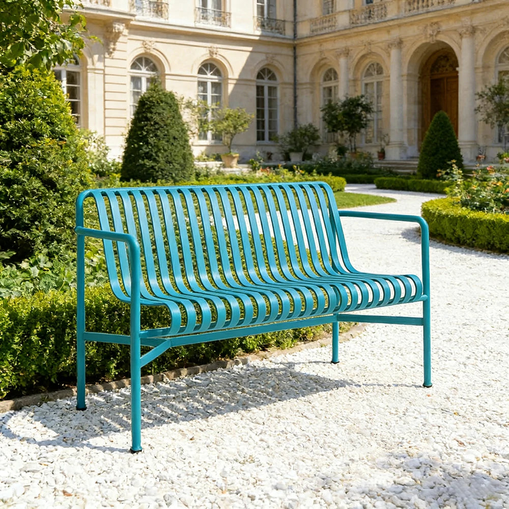 SOLARA Outdoor Metal Seating Collection - Bench, Lounger, Bar Stool & Dining Chair, Heavy-Duty Steel Frame, Weather-Resistant Finish - Light Blue