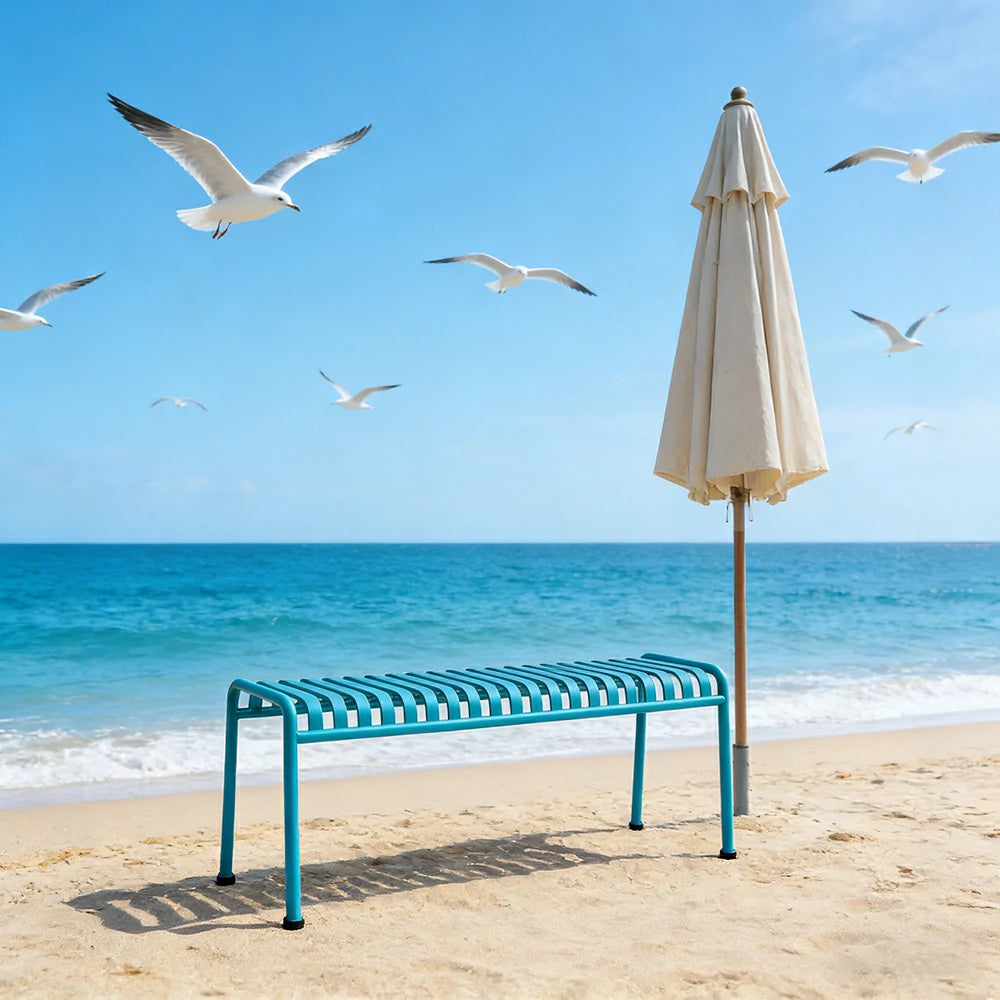 SOLARA Outdoor Metal Seating Collection - Bench, Lounger, Bar Stool & Dining Chair, Heavy-Duty Steel Frame, Weather-Resistant Finish - Light Blue