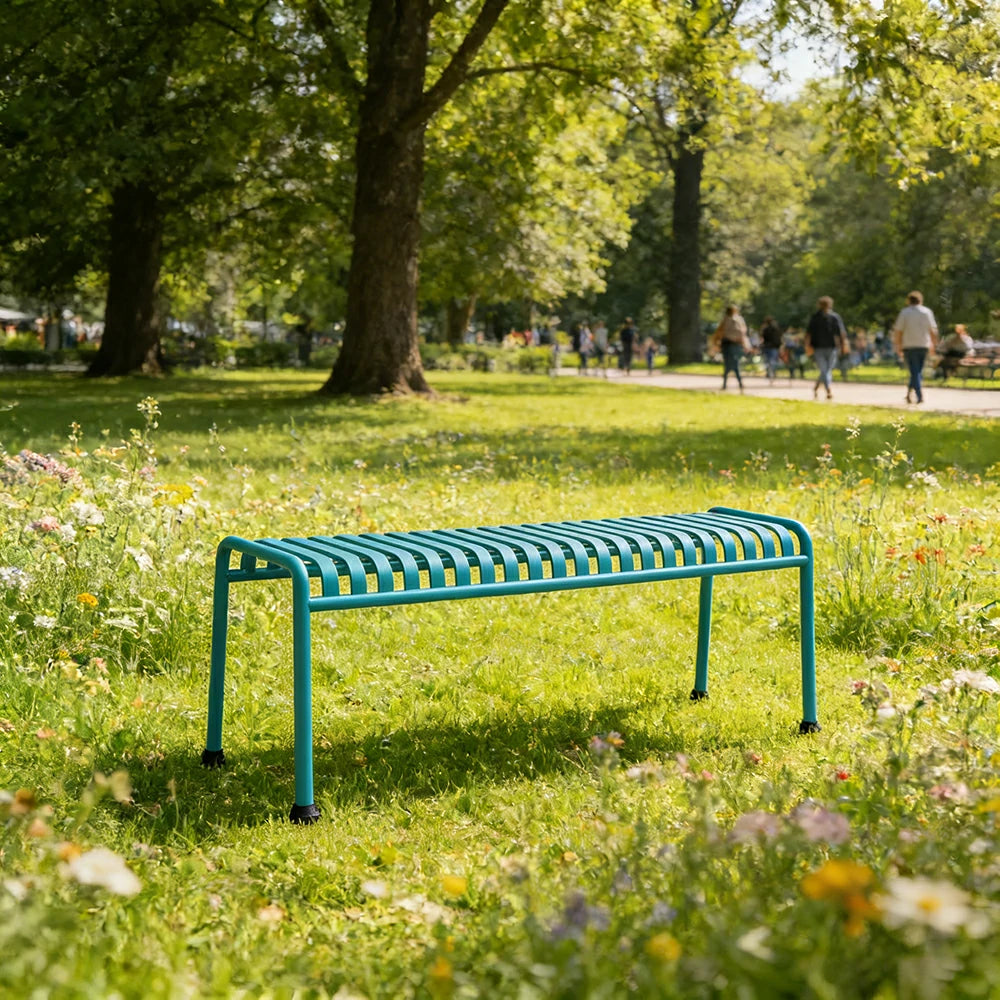 SOLARA Outdoor Metal Seating Collection - Bench, Lounger, Bar Stool & Dining Chair, Heavy-Duty Steel Frame, Weather-Resistant Finish - Light Blue