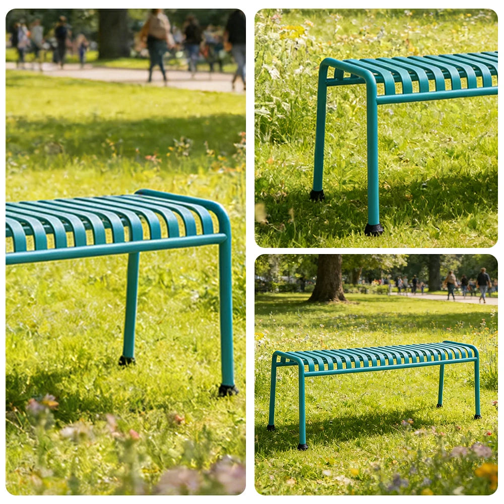 SOLARA Outdoor Metal Seating Collection - Bench, Lounger, Bar Stool & Dining Chair, Heavy-Duty Steel Frame, Weather-Resistant Finish - Light Blue